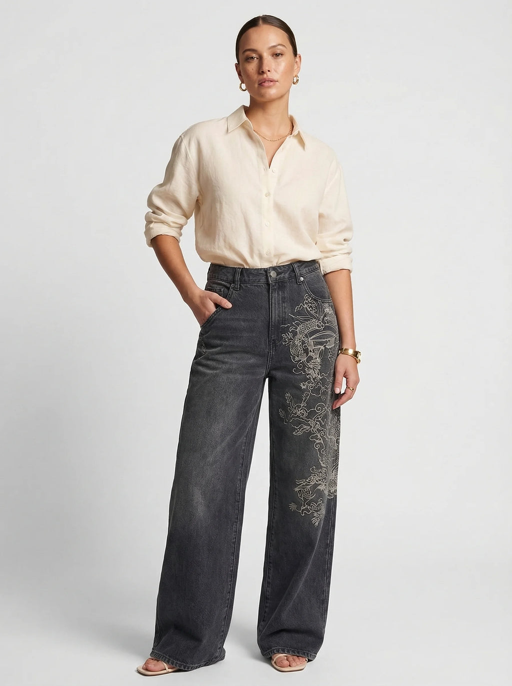 Dames Wide Leg Jeans | Hoge Taille Print Losse Pasvorm Casual Stijl