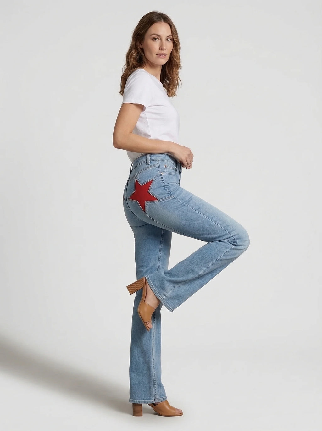 Dames Flared Jeans | Hoge Taille Ster Detail Uitlopende Pijpen Casual Stijl