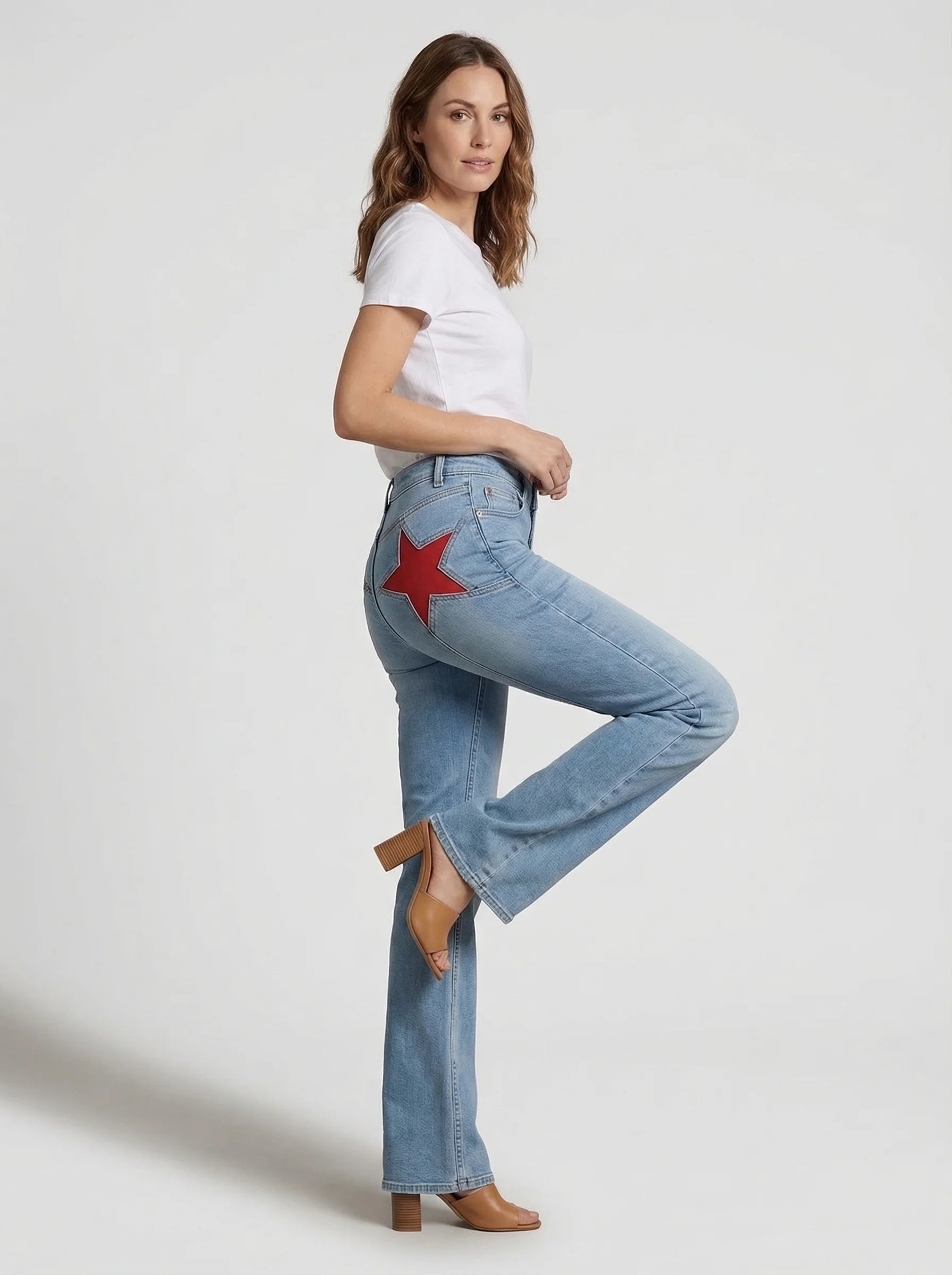 Dames Flared Jeans | Hoge Taille Ster Detail Uitlopende Pijpen Casual Stijl