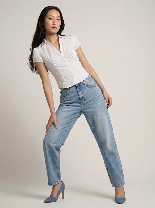 Dames Blouse | Korte Mouw Getailleerde Pasvorm Knoopsluiting