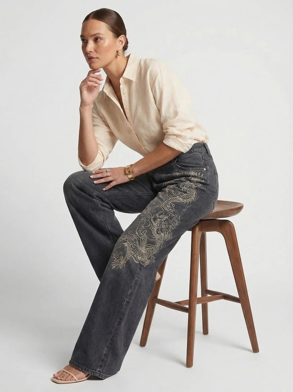 Dames Wide Leg Jeans | Hoge Taille Print Losse Pasvorm Casual Stijl