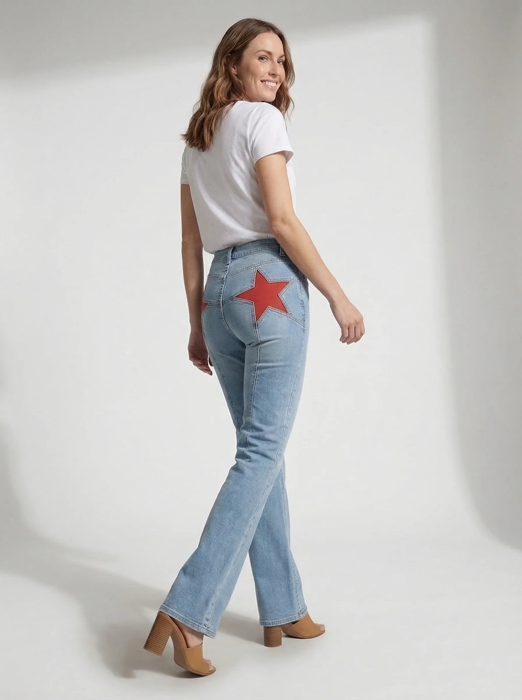 Dames Flared Jeans | Hoge Taille Ster Detail Uitlopende Pijpen Casual Stijl