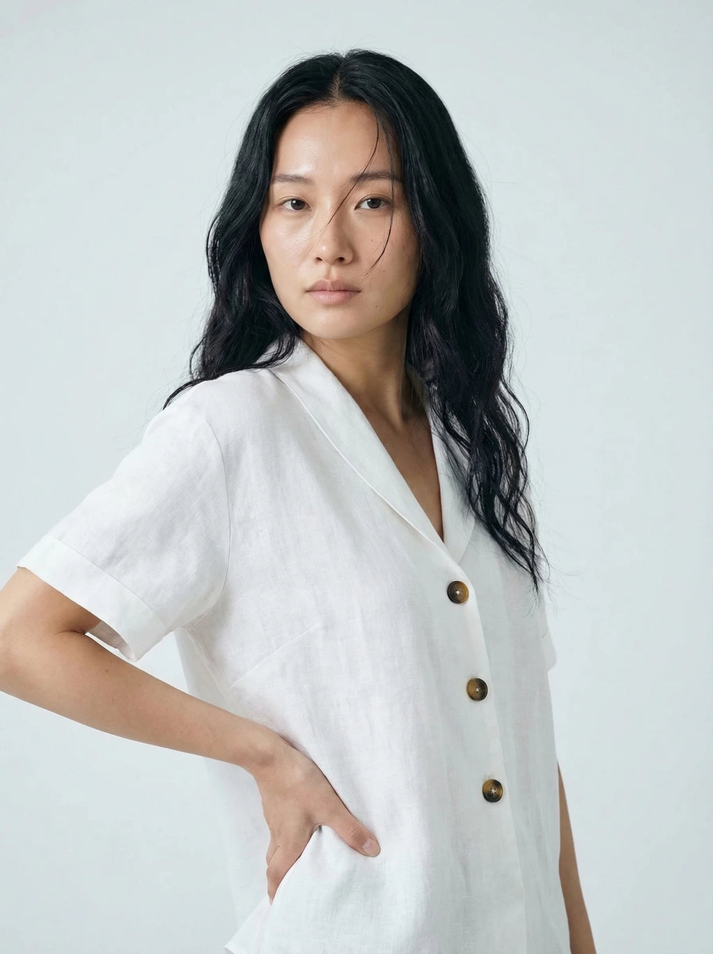 Dames Blouse | Korte Mouw Knopen V Hals Casual Pasvorm