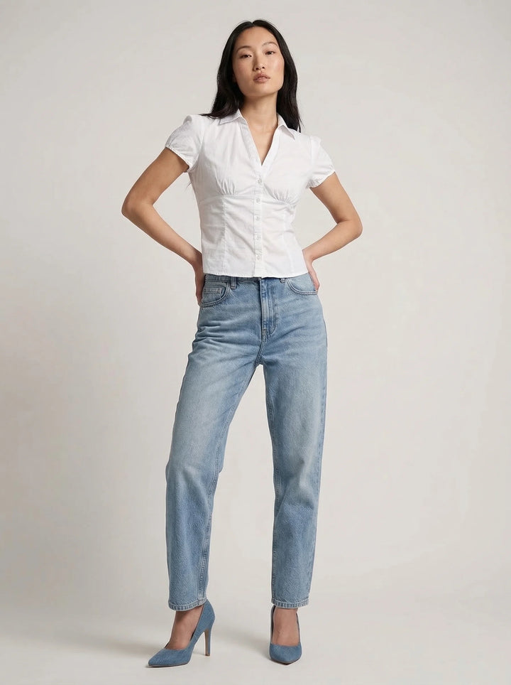 Dames Blouse | Korte Mouw Getailleerde Pasvorm Knoopsluiting