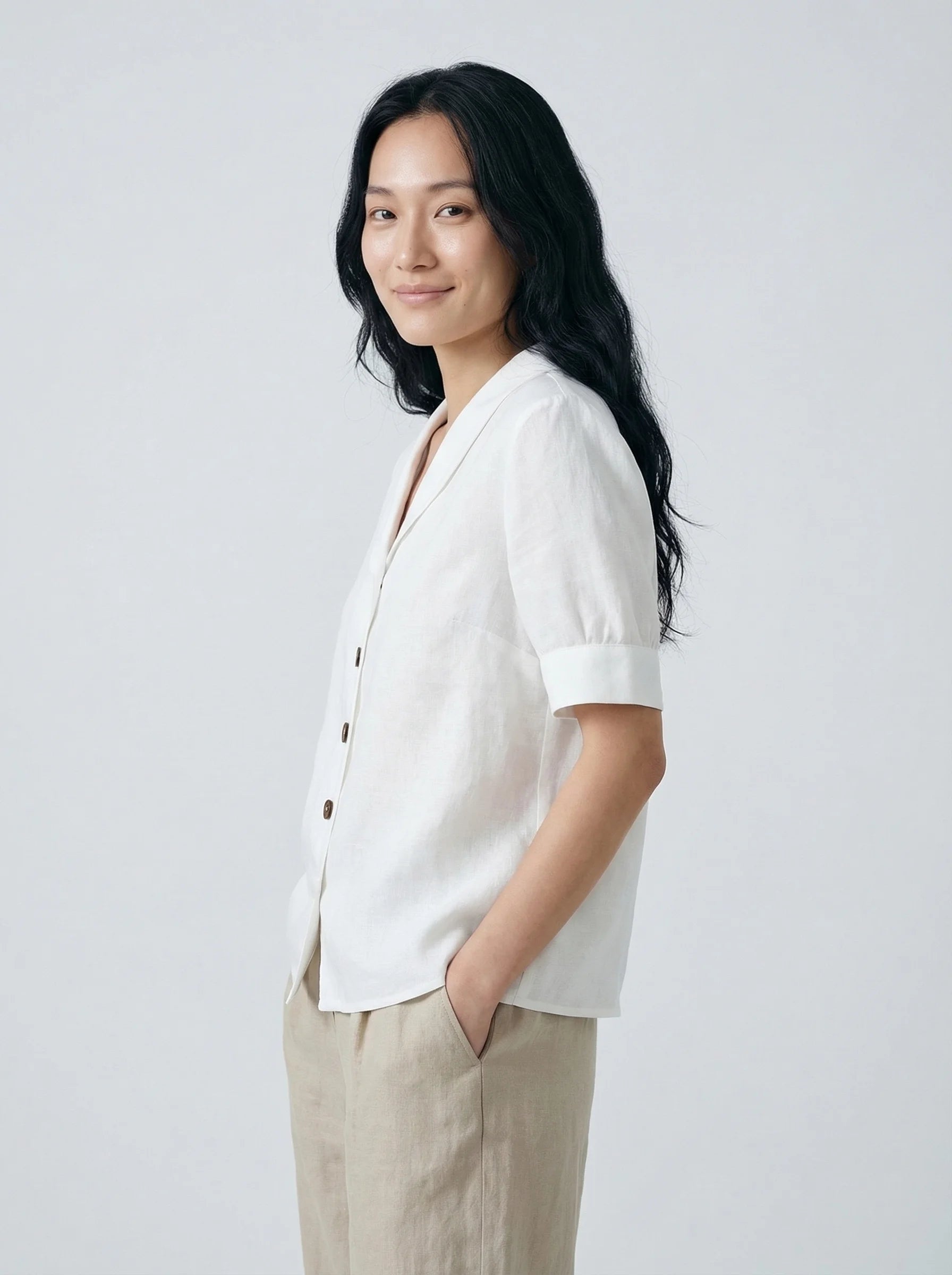Dames Blouse | Korte Mouw Knopen V Hals Casual Pasvorm