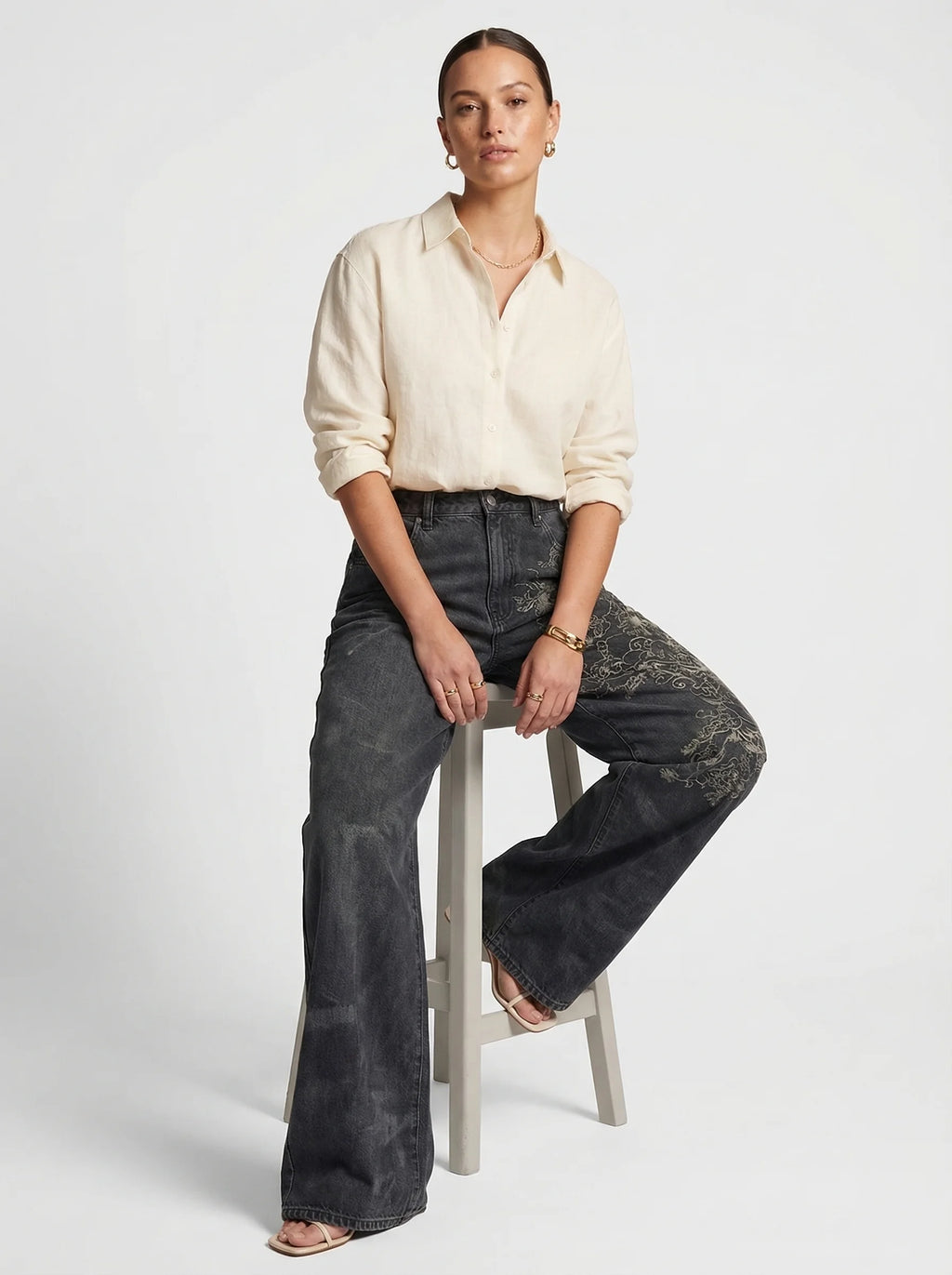 Dames Wide Leg Jeans | Hoge Taille Print Losse Pasvorm Casual Stijl