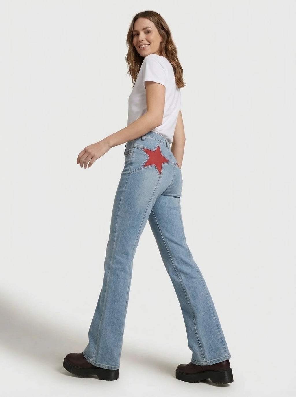 Dames Flared Jeans | Hoge Taille Ster Detail Uitlopende Pijpen Casual Stijl