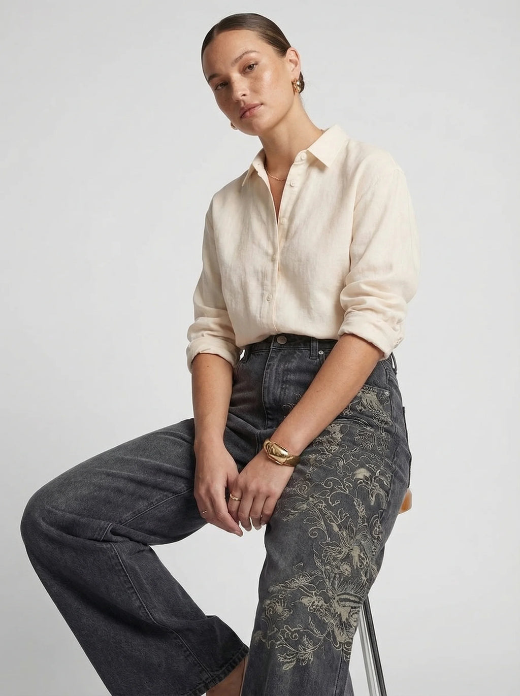 Dames Wide Leg Jeans | Hoge Taille Print Losse Pasvorm Casual Stijl