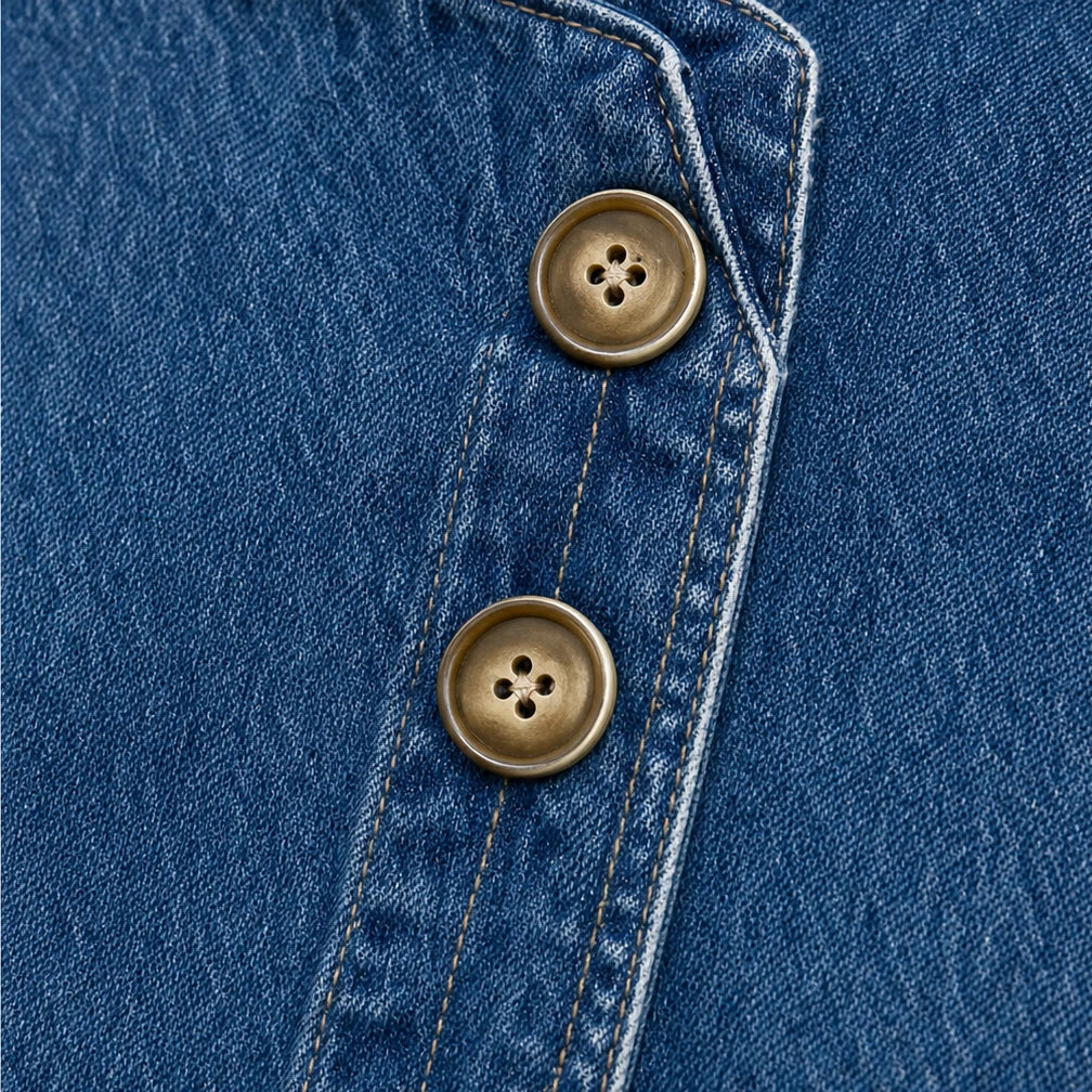 Dames Asymmetrische Denim Jasje - Schuine Knopen en Staande Kraag