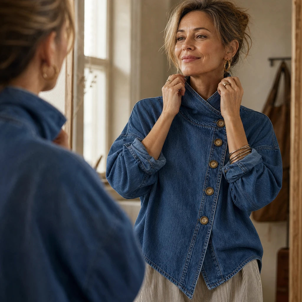 Dames Asymmetrische Denim Jasje - Schuine Knopen en Staande Kraag