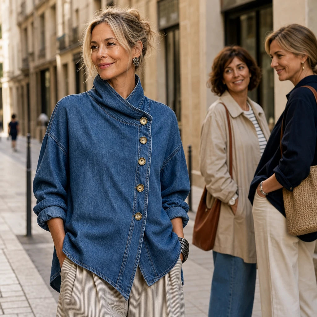 Dames Asymmetrische Denim Jasje - Schuine Knopen en Staande Kraag