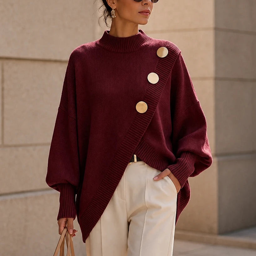 Dames asymmetrische gebreide trui met mock-neck in bordeaux, Casual chic