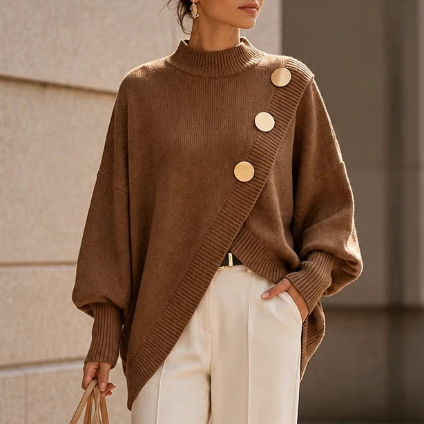 Dames asymmetrische gebreide trui met mock-neck in bruin, Casual chic