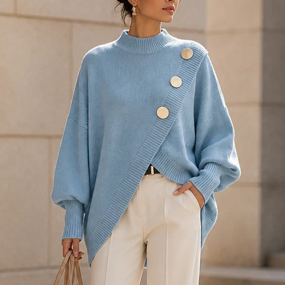 Dames asymmetrische gebreide trui met mock-neck in lichtblauw, Casual chic
