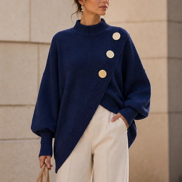 Dames asymmetrische gebreide trui met mock-neck in marineblauw, Casual chic