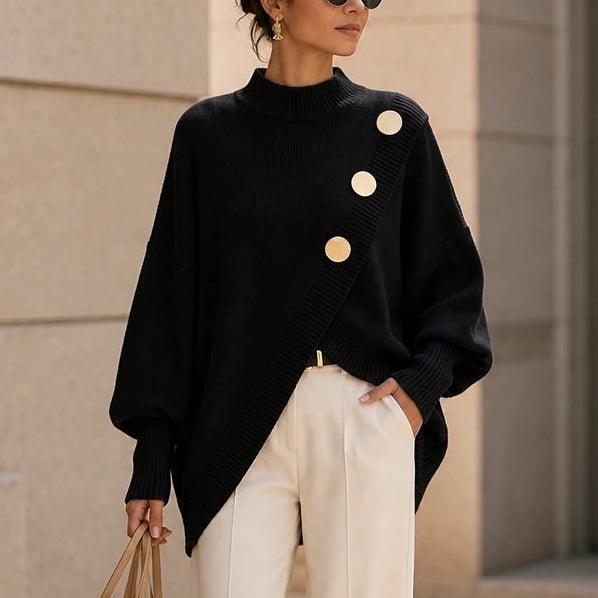 Dames asymmetrische gebreide trui met mock-neck in zwart, Casual chic