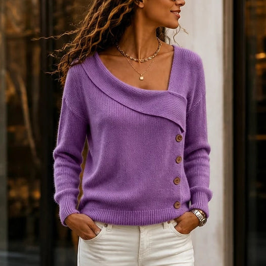 Dames Asymmetrische Kraag Gebreide Trui in paars, Relaxed Fit