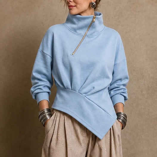 Dames asymmetrische ritssluiting sweatshirt in blauw, Diagonale hals