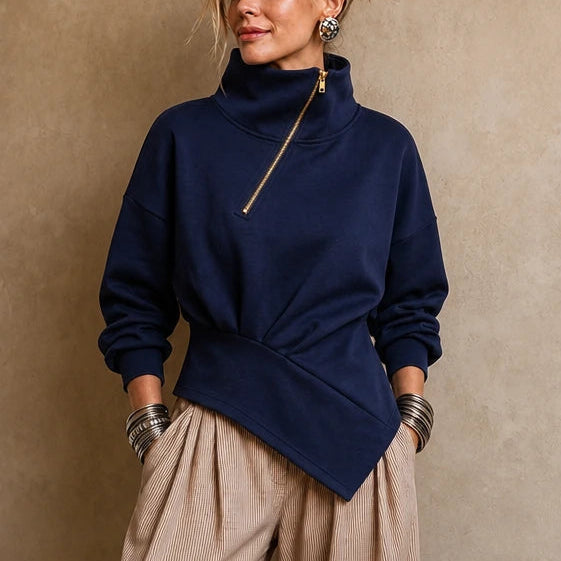 Dames asymmetrische ritssluiting sweatshirt in marineblauw, Diagonale hals