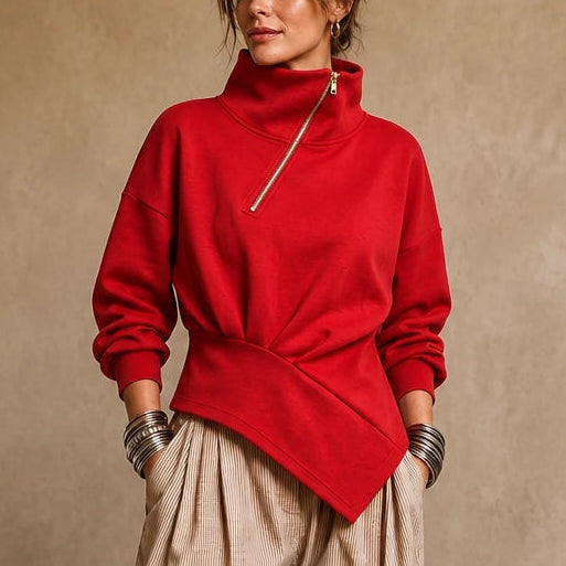 Dames asymmetrische ritssluiting sweatshirt in rood, Diagonale hals
