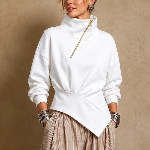 Dames asymmetrische ritssluiting sweatshirt in wit, Diagonale hals
