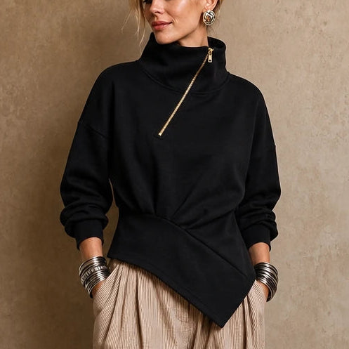 Dames asymmetrische ritssluiting sweatshirt in zwart, Diagonale hals
