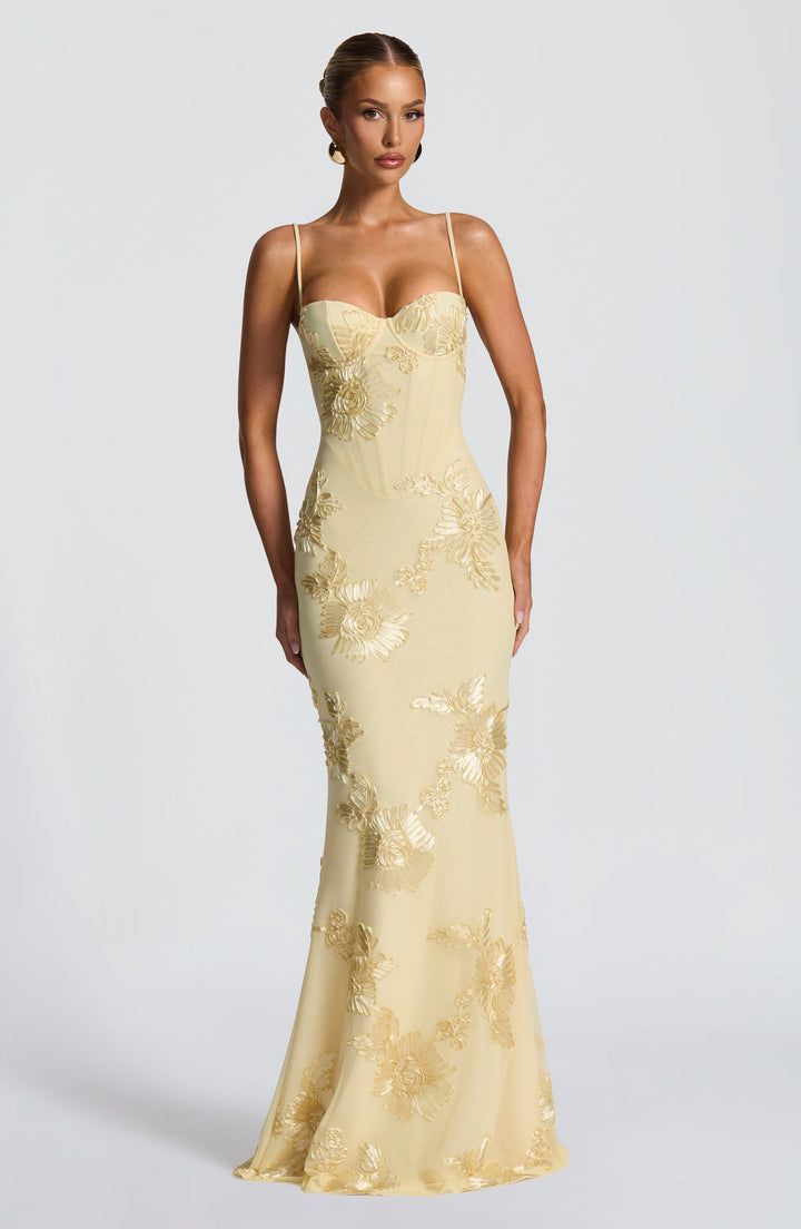 Dames Bloemen Corset Maxi Jurk - Bruiloftsgast - Geel