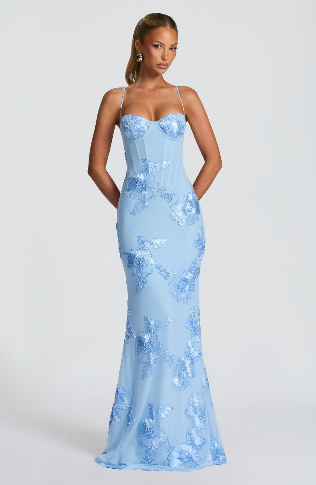 Dames Bloemen Corset Maxi Jurk - Bruiloftsgast - Lichtblauw