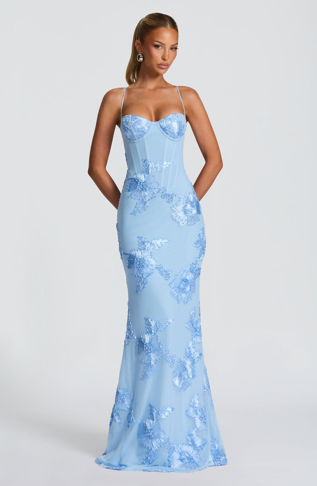 Dames Bloemen Corset Maxi Jurk - Bruiloftsgast - Lichtblauw