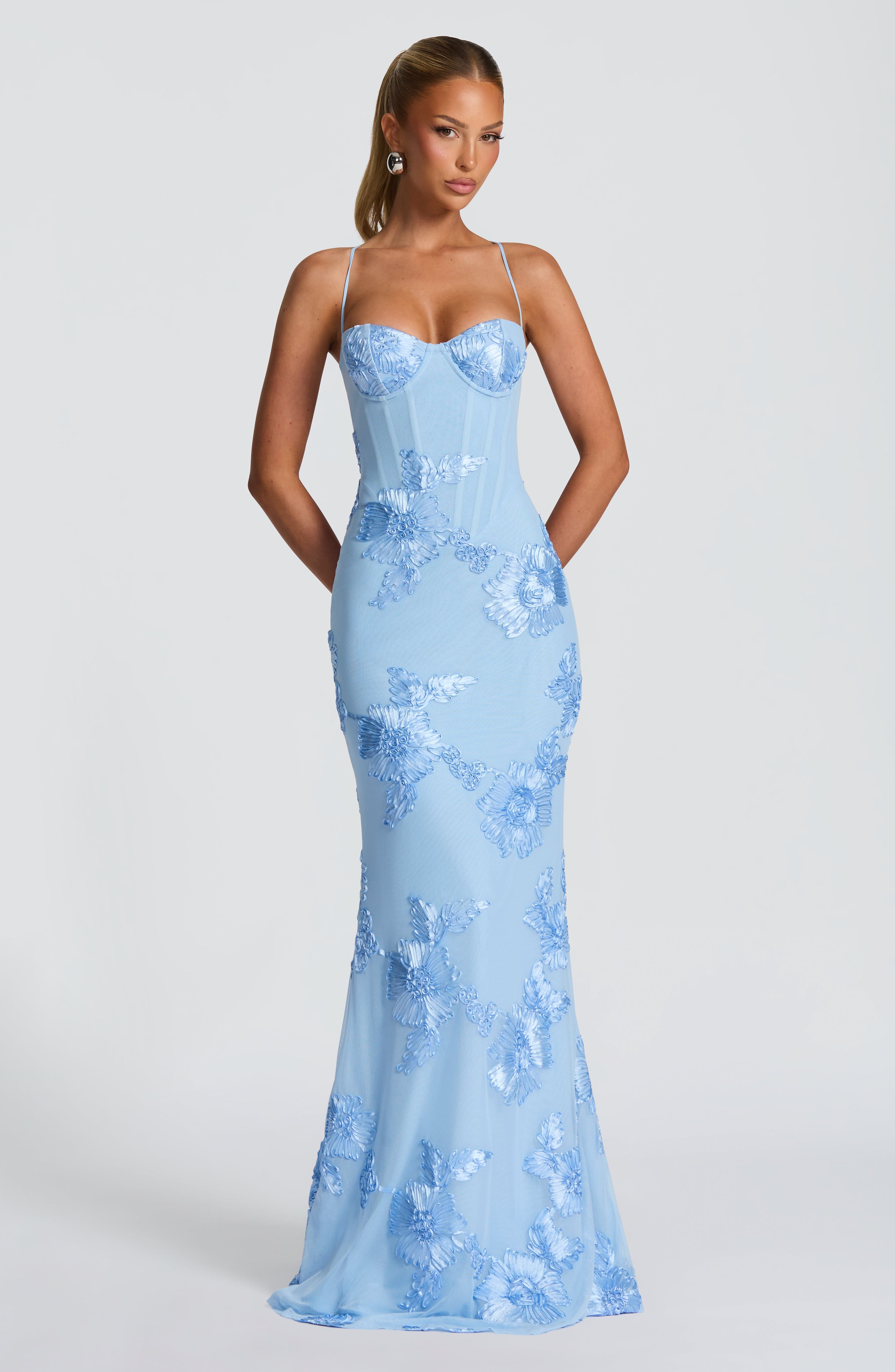 Dames Bloemen Corset Maxi Jurk - Bruiloftsgast - Lichtblauw