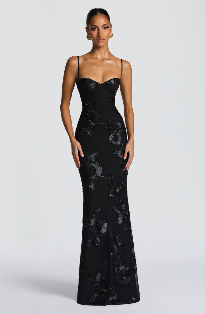 Dames Bloemen Corset Maxi Jurk - Bruiloftsgast - Zwart