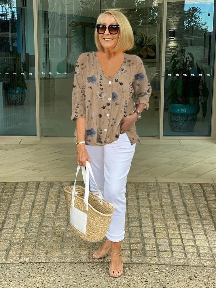 Dames bloemenprint blouse - elegant en luchtig - Khaki