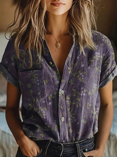Dames bloemenprint blouse korte mouwen in paars, Paars