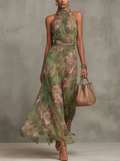 Dames Bloemenprint Halter Maxi Jurk - Zomerse Elegantie - Groen