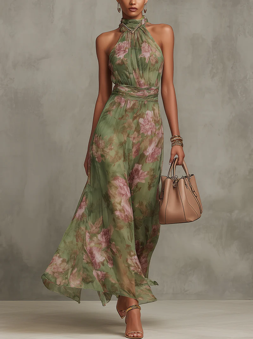 Dames Bloemenprint Halter Maxi Jurk - Zomerse Elegantie - Groen