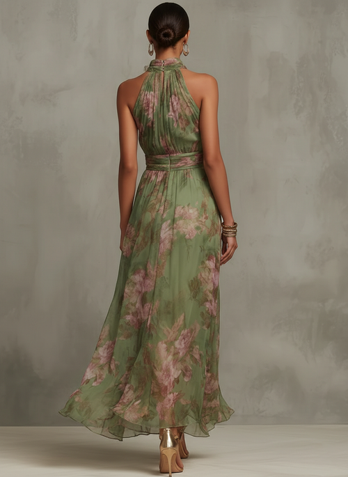 Dames Bloemenprint Halter Maxi Jurk - Zomerse Elegantie