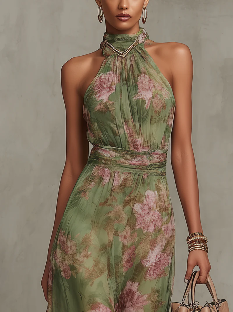 Dames Bloemenprint Halter Maxi Jurk - Zomerse Elegantie