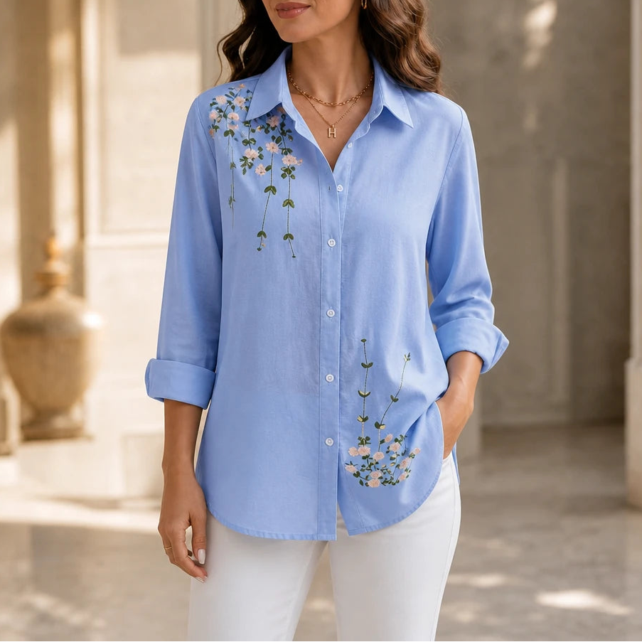 Dames bloemenprint lange mouwen blouse in lichtblauw, casual hip-length