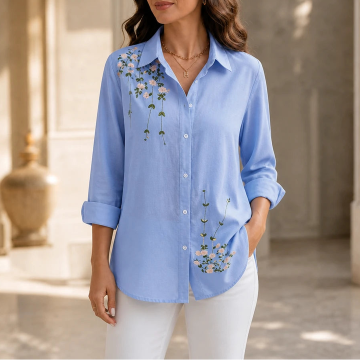 Dames bloemenprint lange mouwen blouse in lichtblauw, casual hip-length