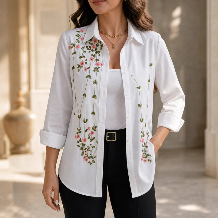 Dames bloemenprint lange mouwen blouse in wit, casual hip-length