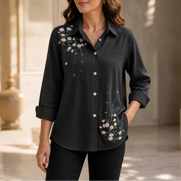Dames bloemenprint lange mouwen blouse in zwart, casual hip-length