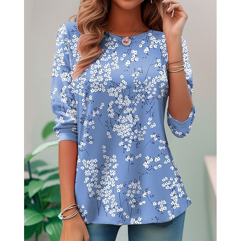 Dames bloemenprint lange mouwen top in blauw, klassieke elegantie