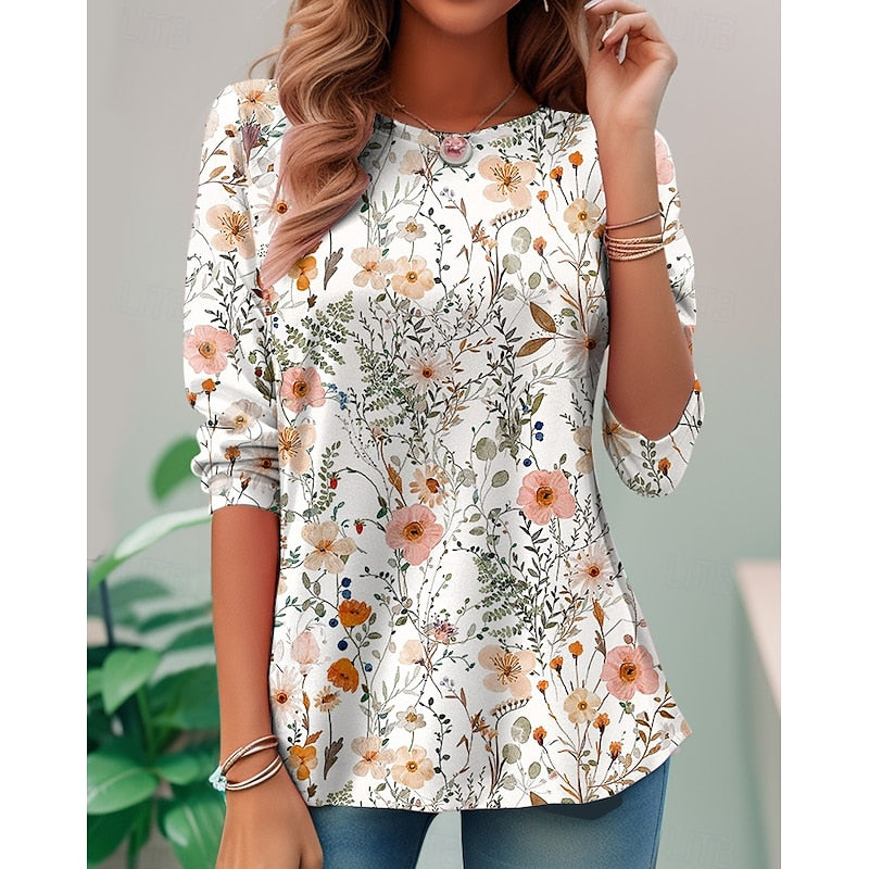 Dames bloemenprint lange mouwen top in crème, klassieke elegantie