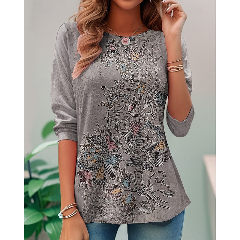 Dames bloemenprint lange mouwen top in grijs, klassieke elegantie