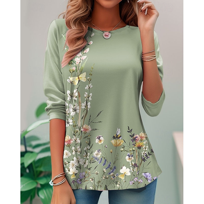 Dames bloemenprint lange mouwen top in groen, klassieke elegantie