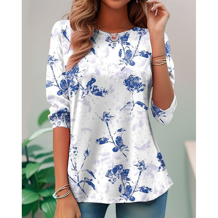 Dames bloemenprint lange mouwen top in lichtblauw, klassieke elegantie