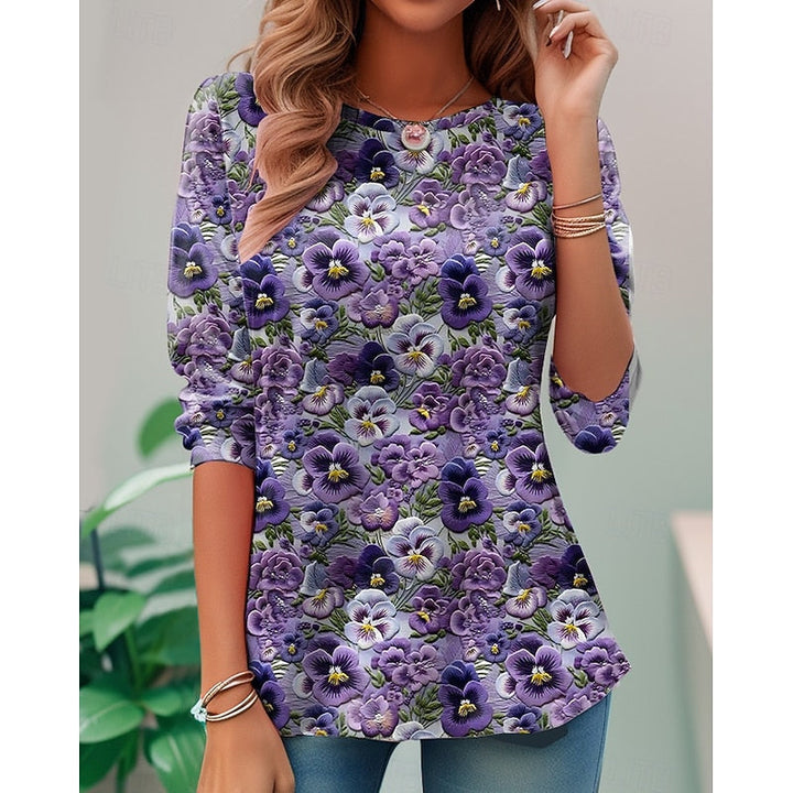 Dames bloemenprint lange mouwen top in paars, klassieke elegantie