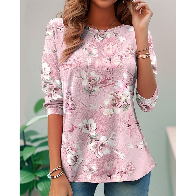Dames bloemenprint lange mouwen top in roze, klassieke elegantie