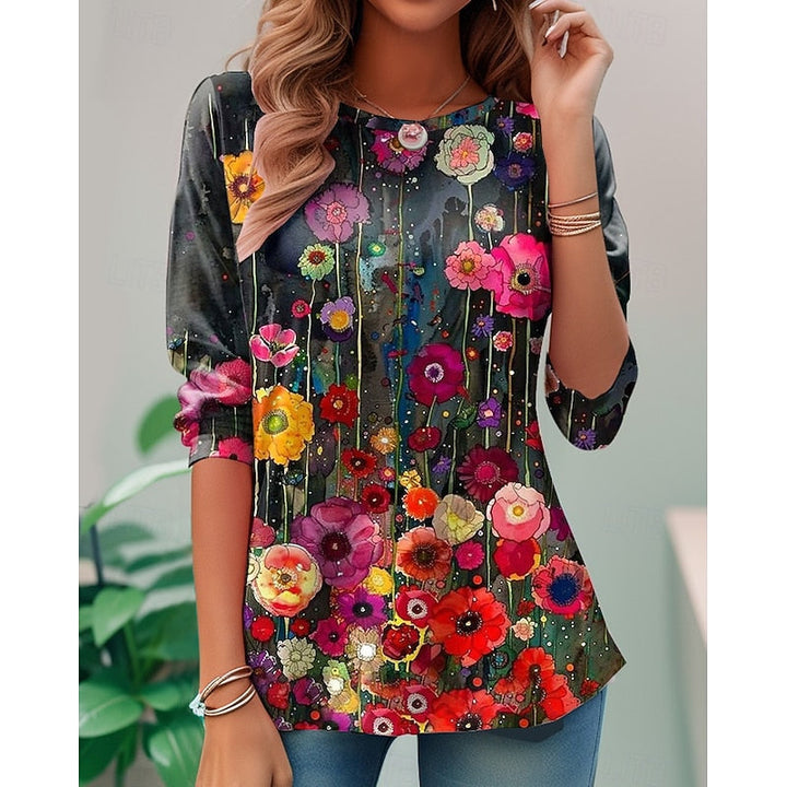 Dames bloemenprint lange mouwen top in zwart, klassieke elegantie