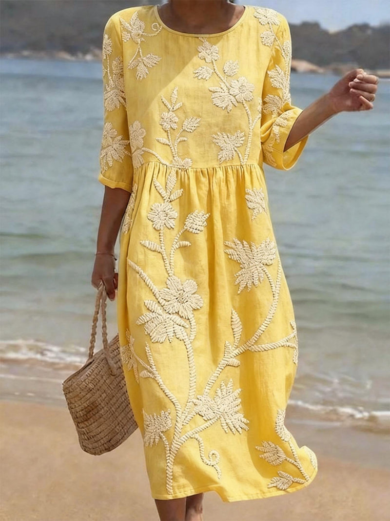 Dames Bloemenprint Midi-Jurk - Elegante Zomerlook - Geel